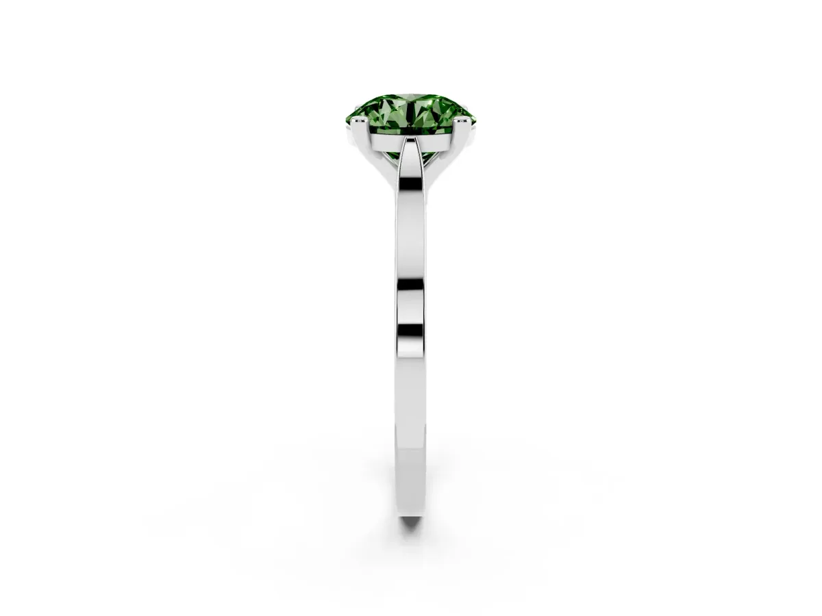 Fancy Green Round Cut Solitaire Diamond Ring with Four-Prong Setting and Tapered Band White gold