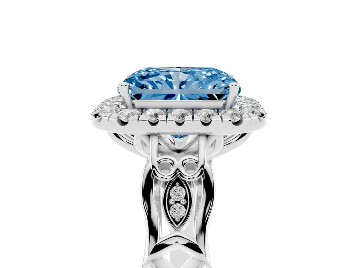 Fancy Blue Radiant Cut Halo Diamond Engagement Ring with Filigree Band and Four-Prong Setting Platinum
