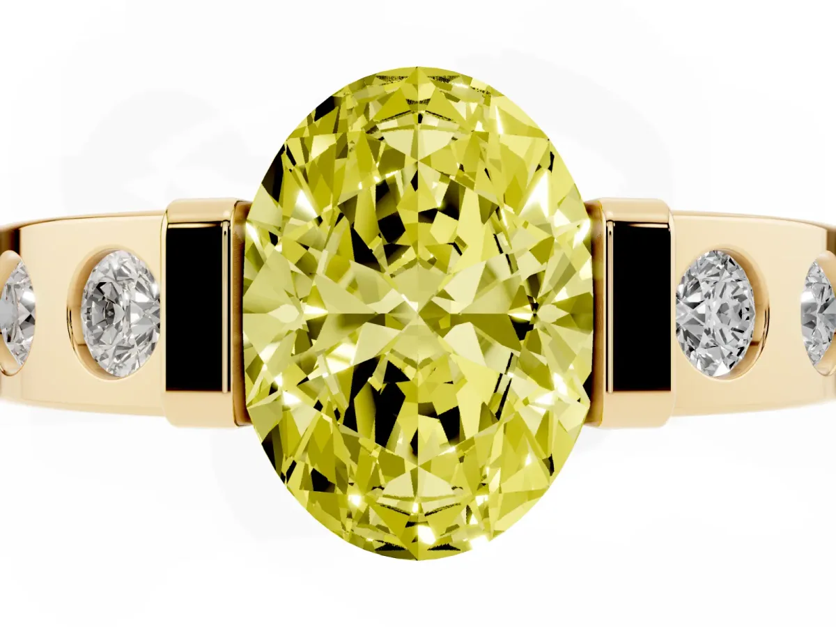 Fancy Yellow Oval Cut Brilliant Channel-Set Diamond Ring with Bezel Prong Setting Yellow gold