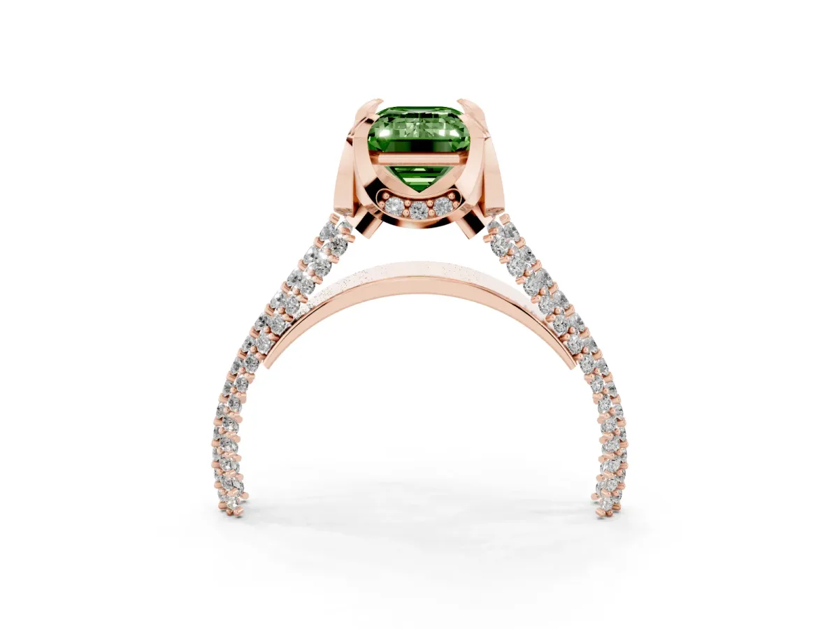 Fancy Green Emerald Cut Solitaire Pave Split Shank Ring with Four-Prong Setting Rose gold
