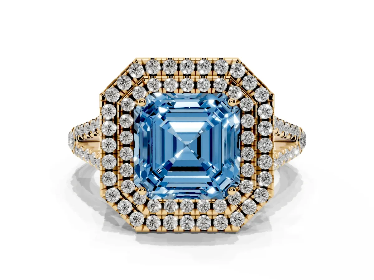 Fancy Blue Asscher Cut Diamond Double Halo Ring with Pavé Band and Prong Setting Yellow gold