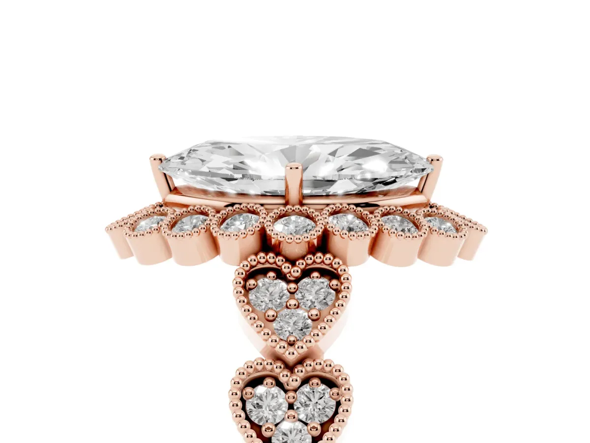 Marquise Cut Brilliant Milgrain Pave Heart Band Solitaire Ring Rose gold