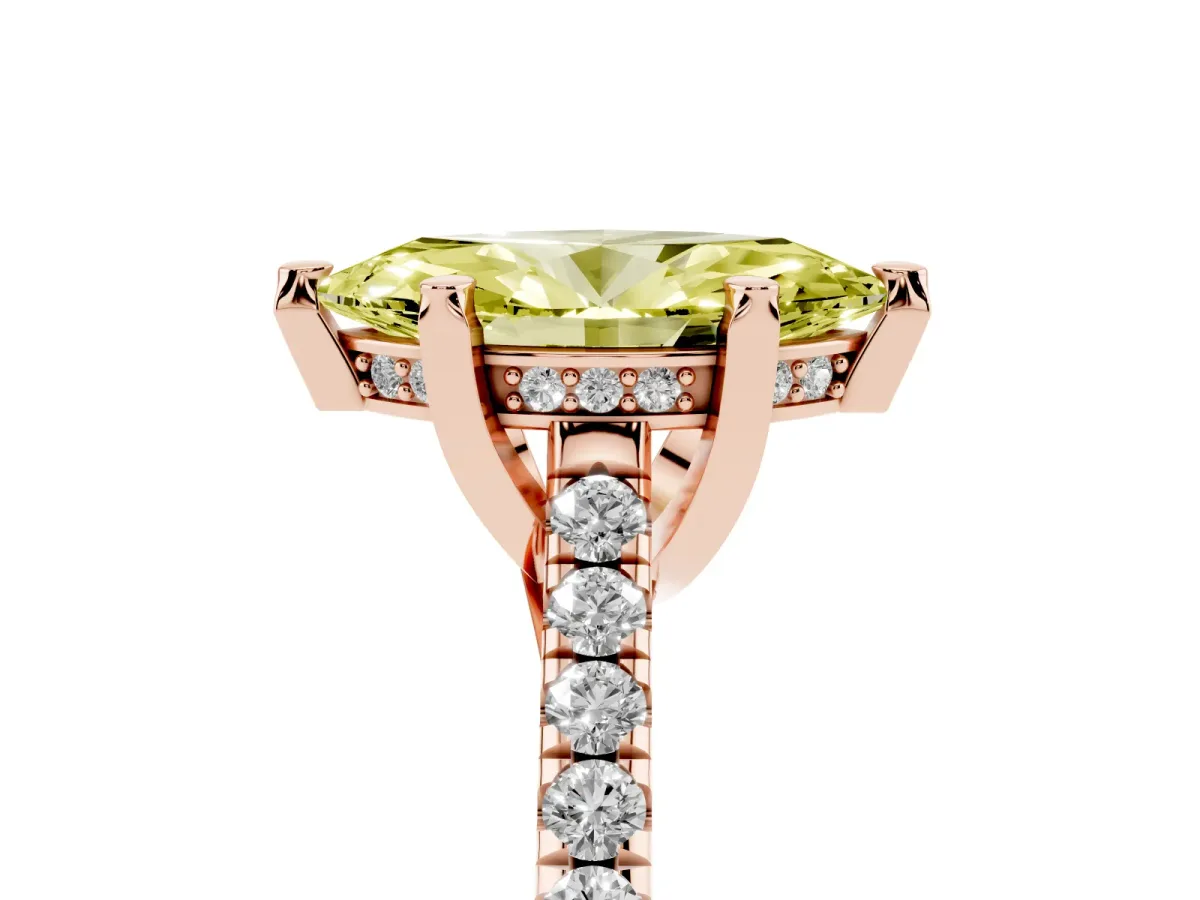 Fancy Yellow Marquise Cut Brilliant Diamond Solitaire with Pavé Band and Four-Prong Setting Rose gold