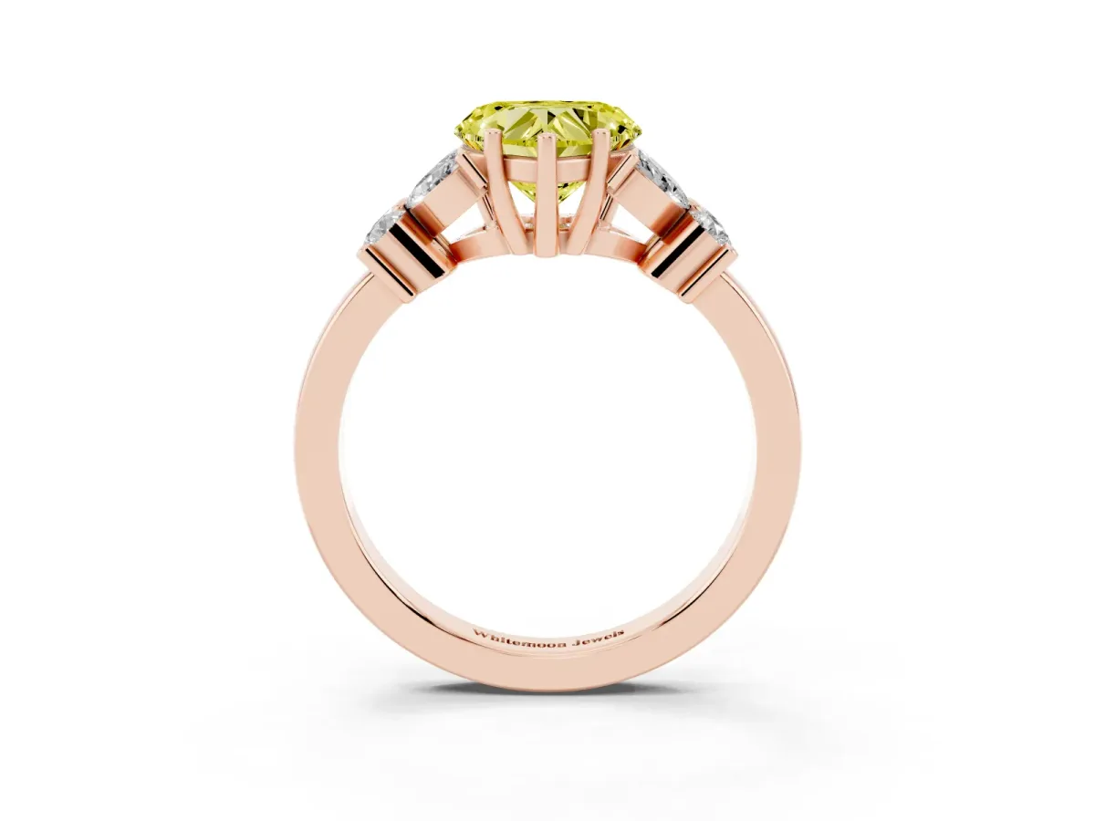 Fancy Yellow Heart Cut Diamond Floral Cluster Ring with Solitaire Band and Prong Setting Rose gold