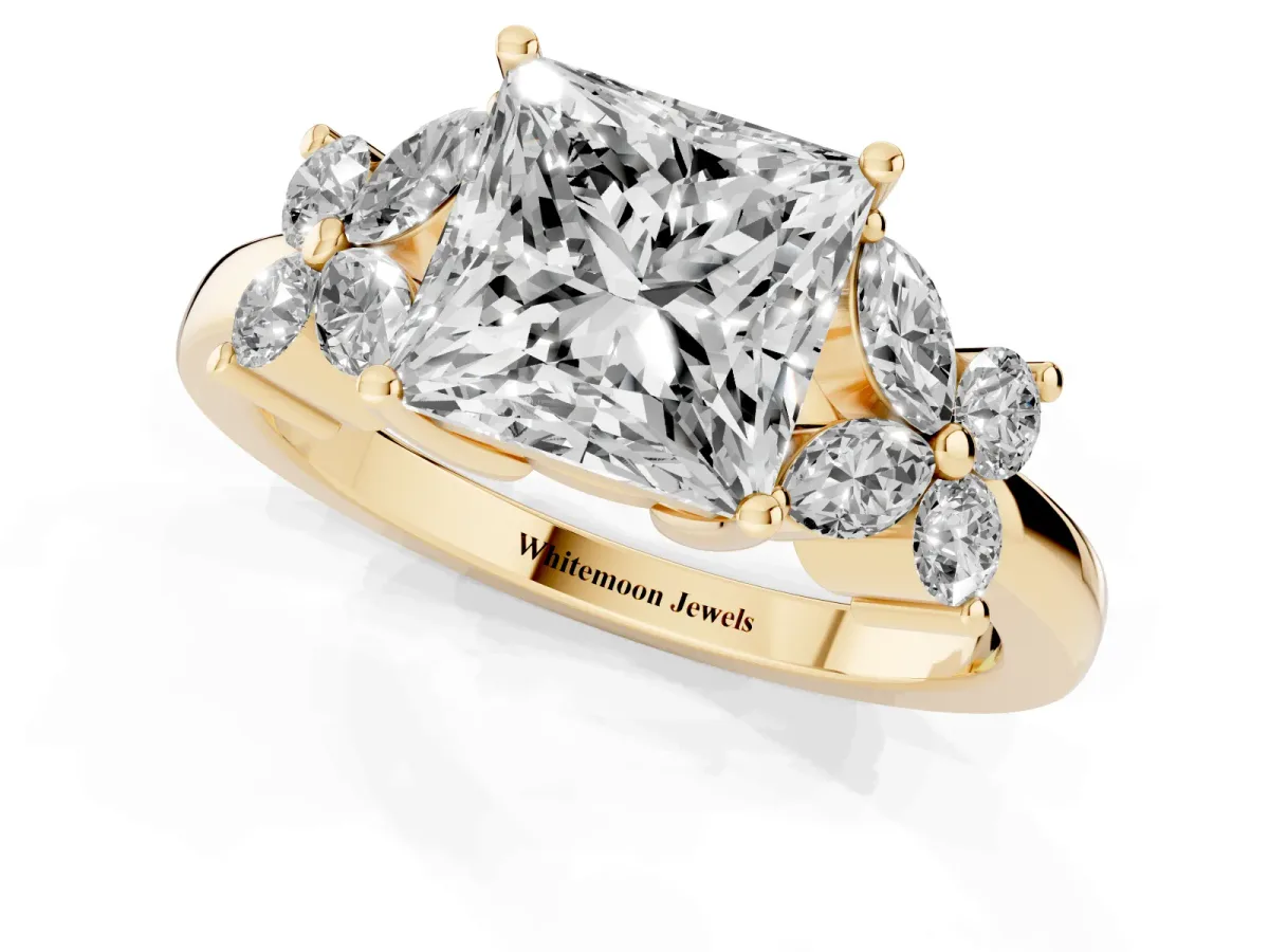 Princess Cut Diamond Floral Cluster Ring with Solitaire Band and Prong Setting Yellow gold