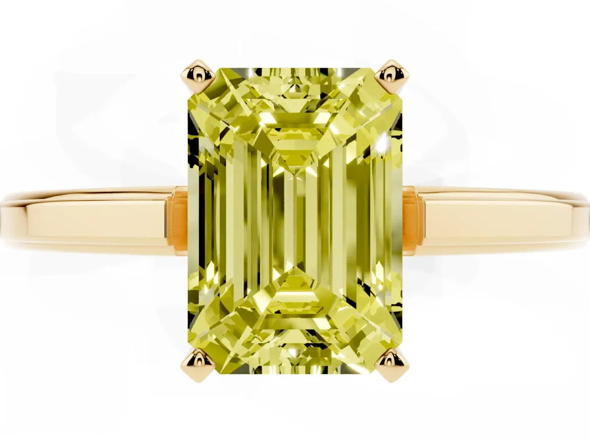 Fancy Yellow Emerald Cut Solitaire Diamond Ring with Four-Prong Setting and Classic Band Yellow gold