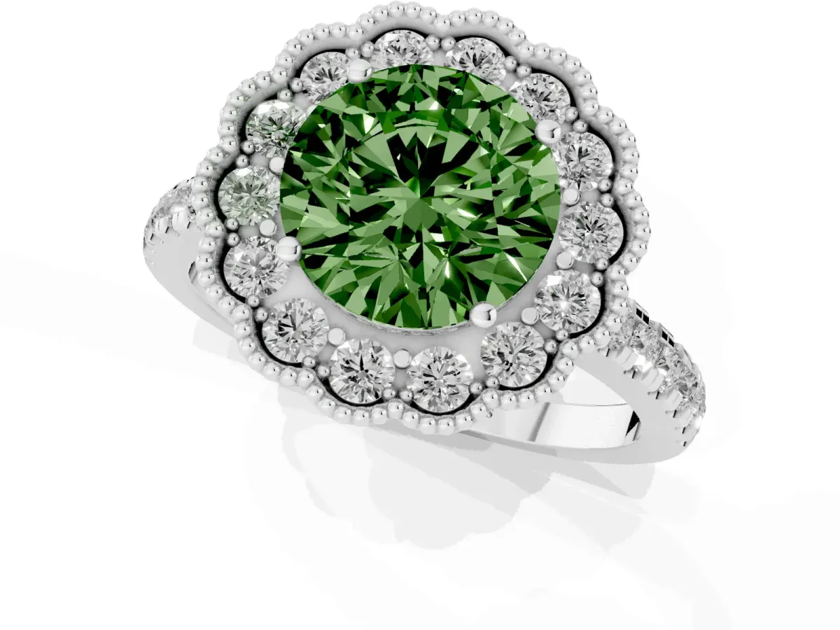 Fancy Green Round Cut Cut Diamond Milgrain Floral Halo Engagement Ring with Pavé Band White gold