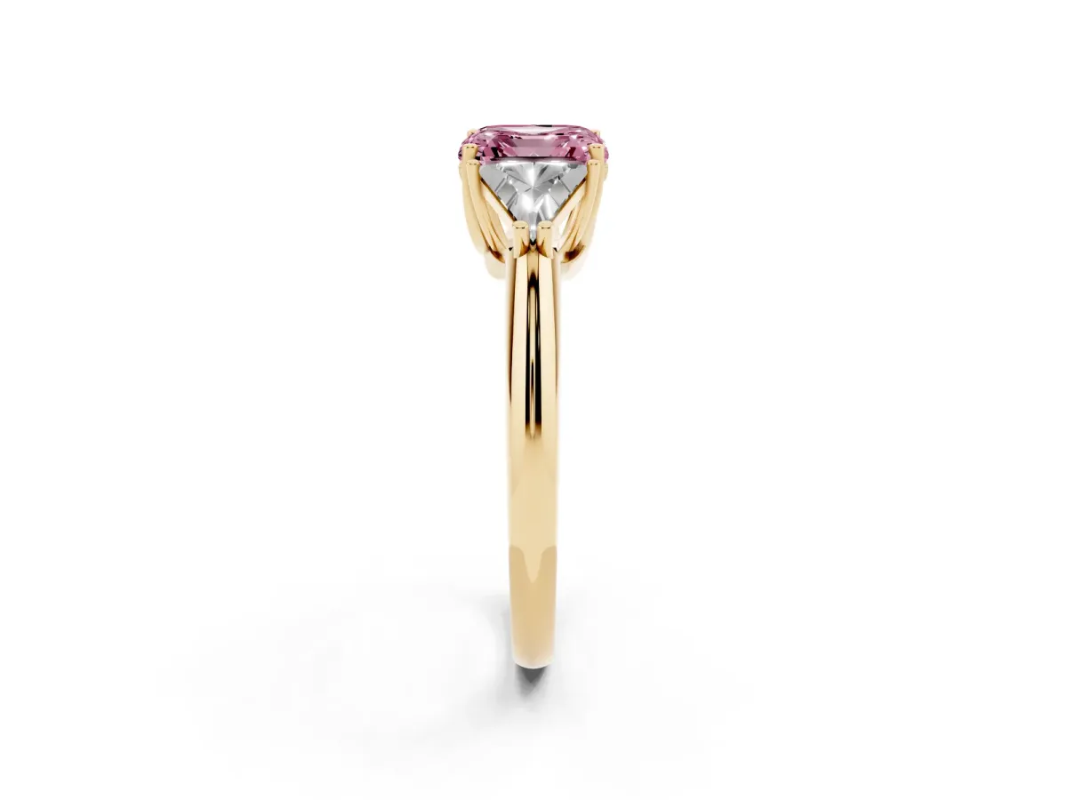 Fancy Pink Three-Stone Asscher Cut Diamond Engagement Ring with Trillion Side Stones and Prong Setting Yellow gold
