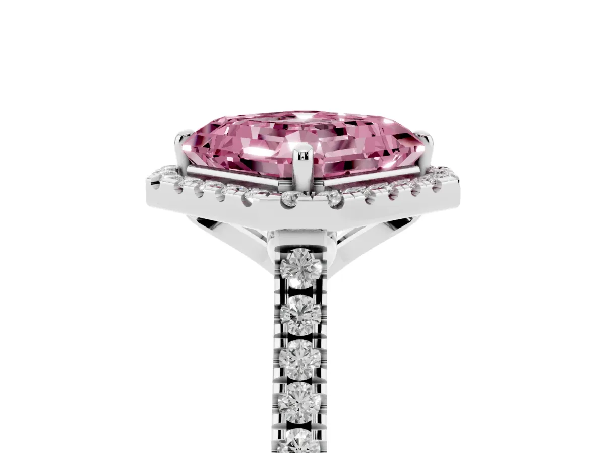 Fancy Pink Asscher Cut Diamond Cushion Halo Ring with Pavé Band Platinum