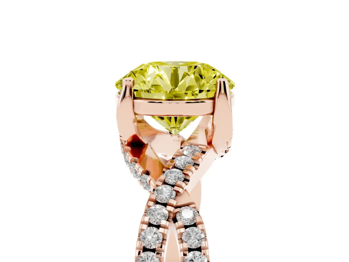 Fancy Yellow Round Cut Solitaire Twist Pave Diamond Engagement Ring with Prong Setting Rose gold