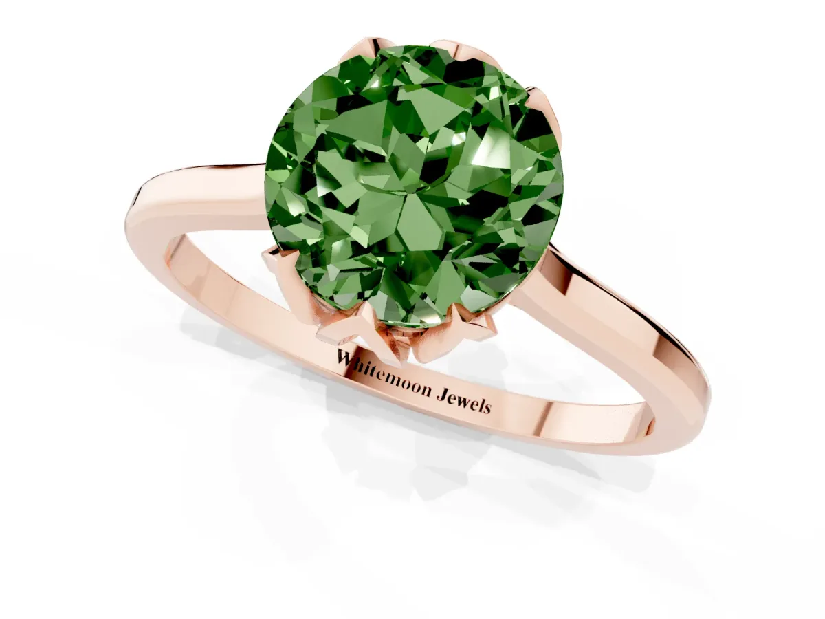 Fancy Green Round Cut Diamond Solitaire Ring with Flower Prong Setting and Classic Band Rose gold
