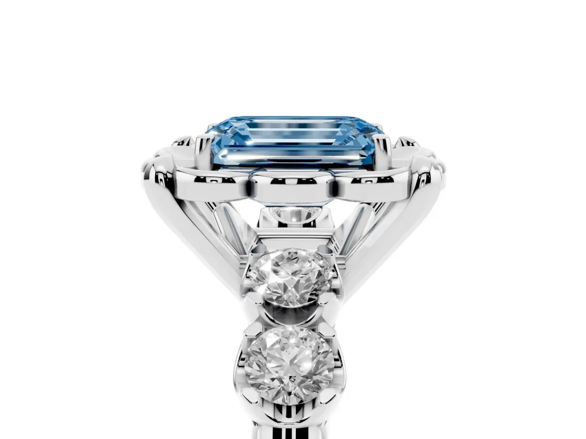 Fancy Blue Emerald Cut Cut Diamond Floral Halo Engagement Ring with Shared Prong Setting Silver