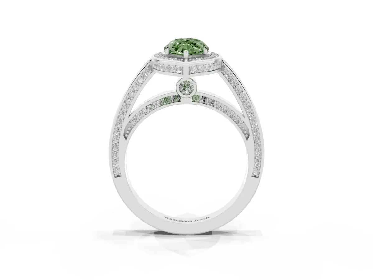 Fancy Green Marquise Cut Cut Halo Pave Split Shank Prong Setting Ring Platinum