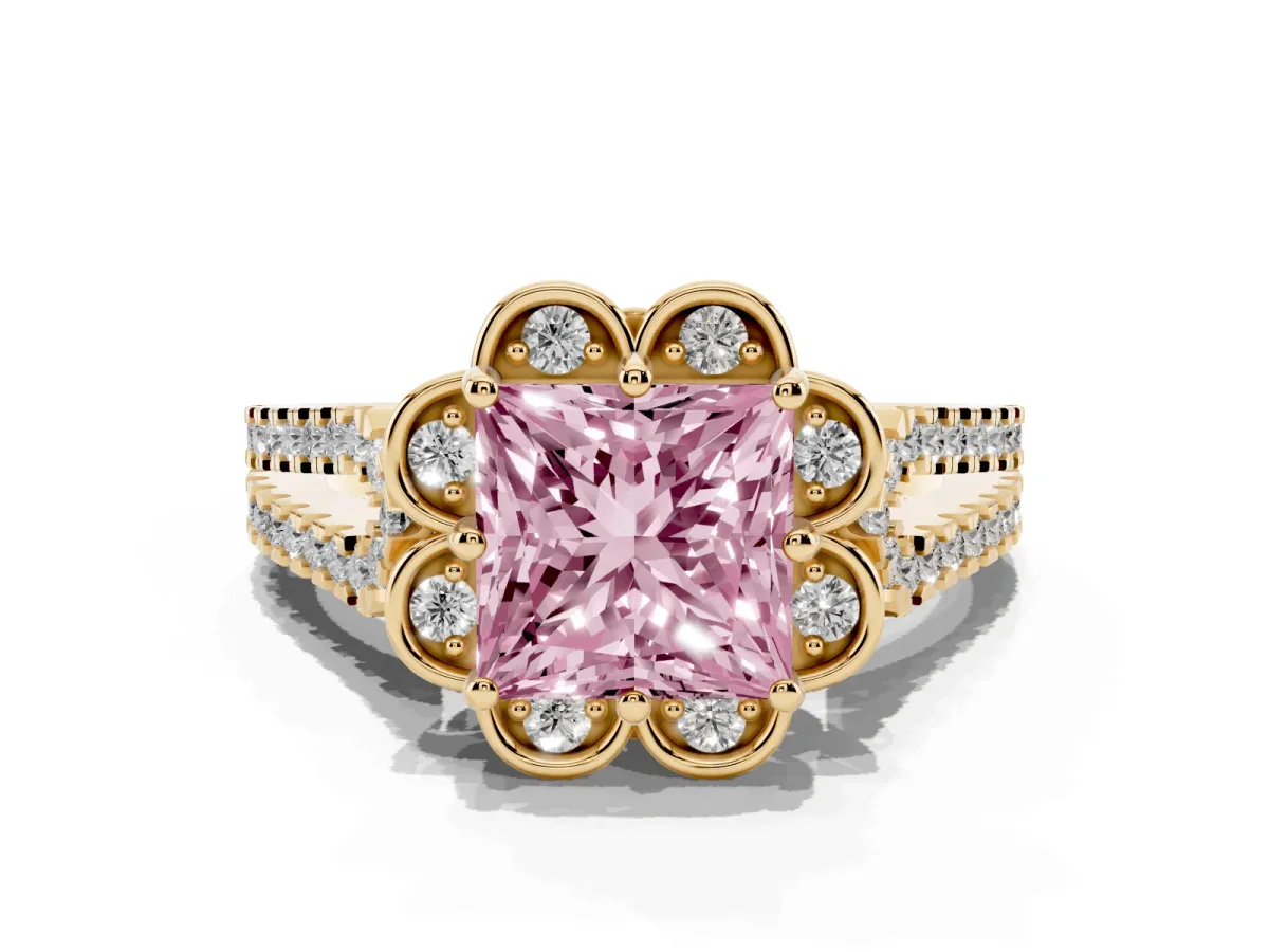 Fancy Pink Princess Cut Halo Diamond Floral Split Shank Engagement Ring Yellow gold