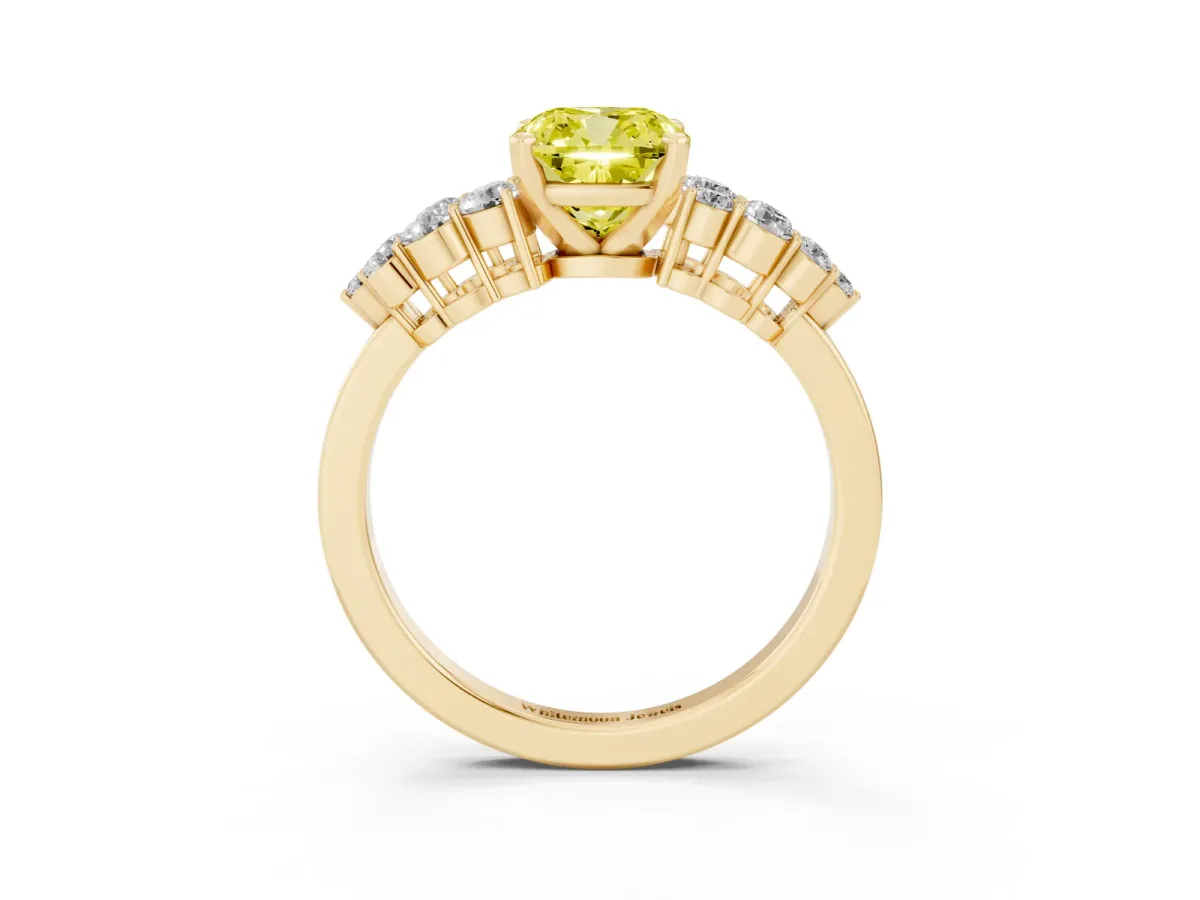 Fancy Yellow Cushion Cut Cluster Diamond Engagement Ring with Pavé Band and Four-Prong Setting Yellow gold