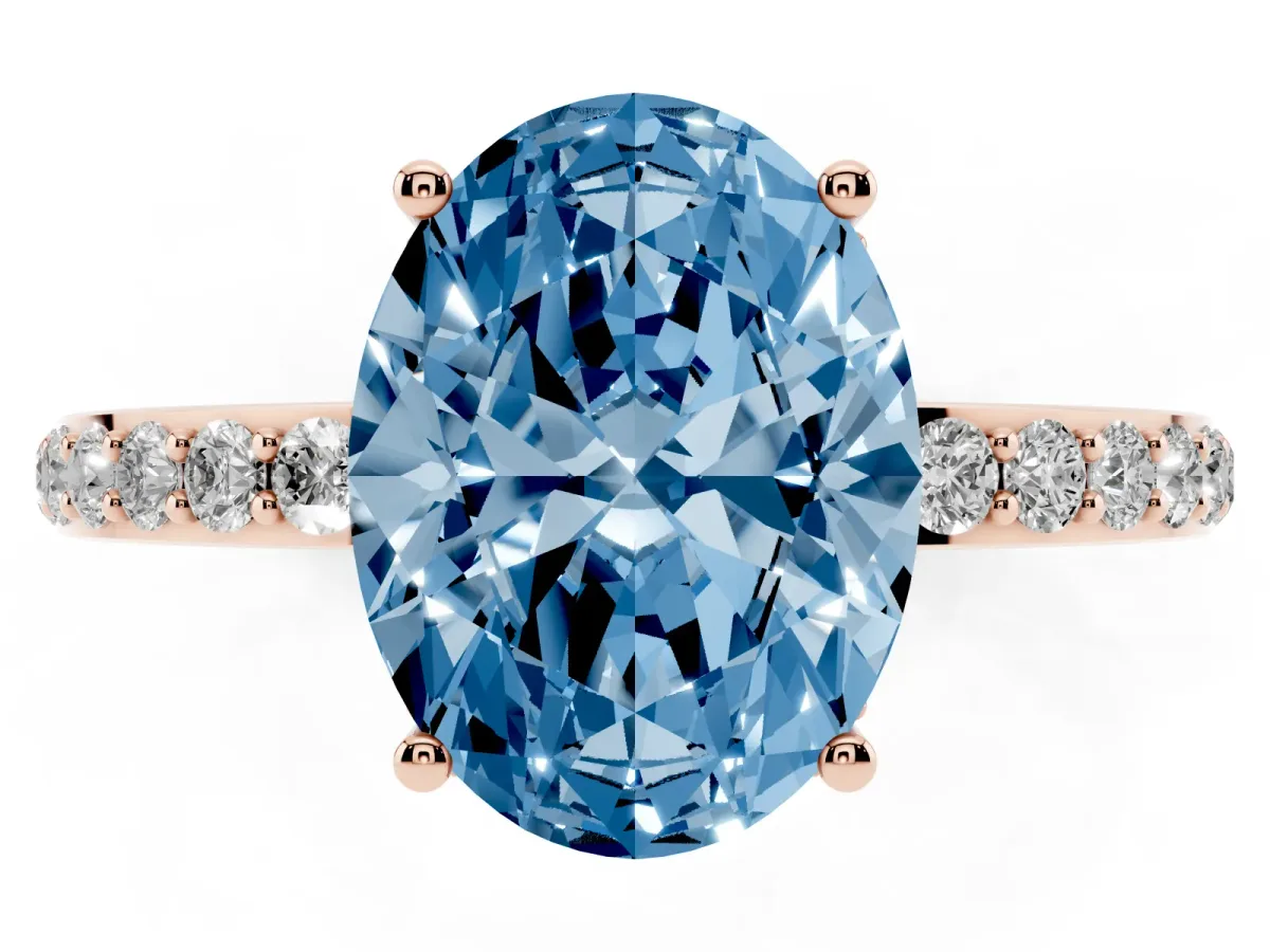 Fancy Blue Oval Cut Diamond Solitaire Ring with Pavé Band and Hidden Halo Rose gold