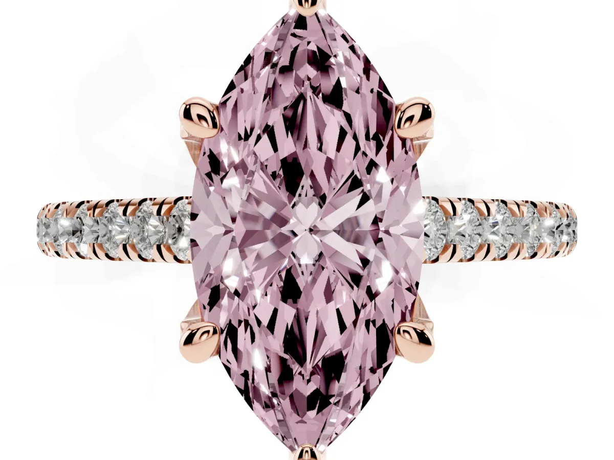 Fancy Pink Marquise Cut Brilliant Diamond Solitaire with Pavé Band and Four-Prong Setting Rose gold
