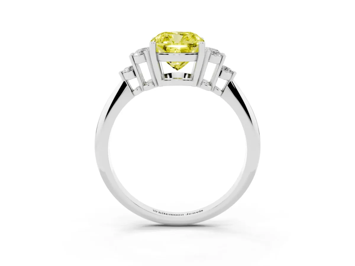 Fancy Yellow Cushion Cut Cut Diamond Cluster Ring with Solitaire Band and Four-Prong Setting Silver