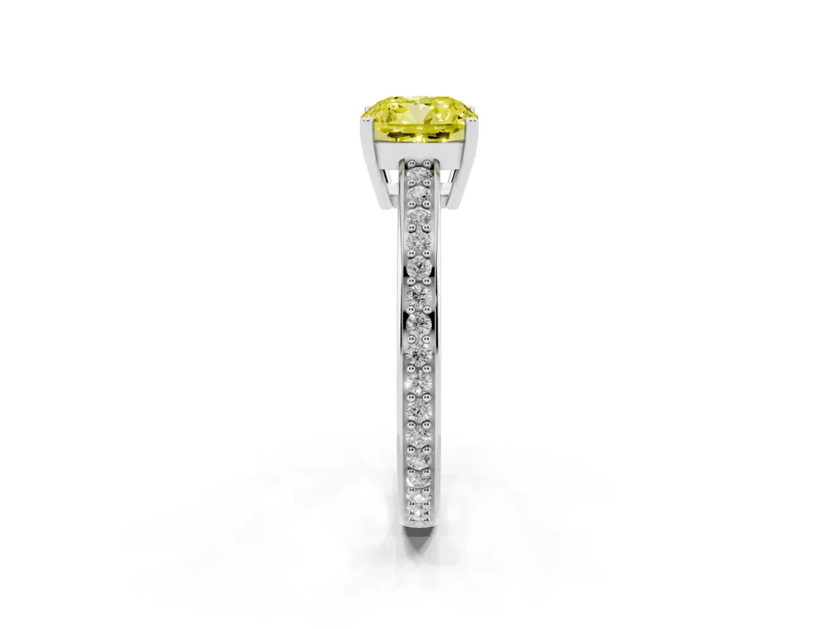 Fancy Yellow Cushion Cut Solitaire Pavé Band Prong Setting Ring Silver