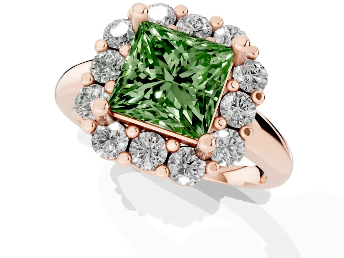 Fancy Green Princess Cut Halo Cluster Diamond Engagement Ring with Prong Setting and Polished Band Rose gold