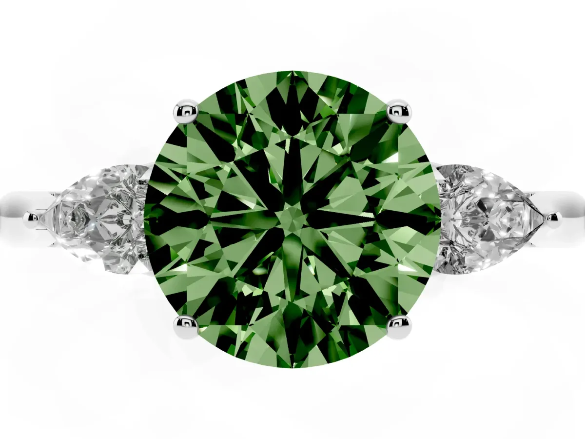 Fancy Green Round Cut Diamond Three-Stone Ring with Pear Side Stones and Prong Setting Platinum