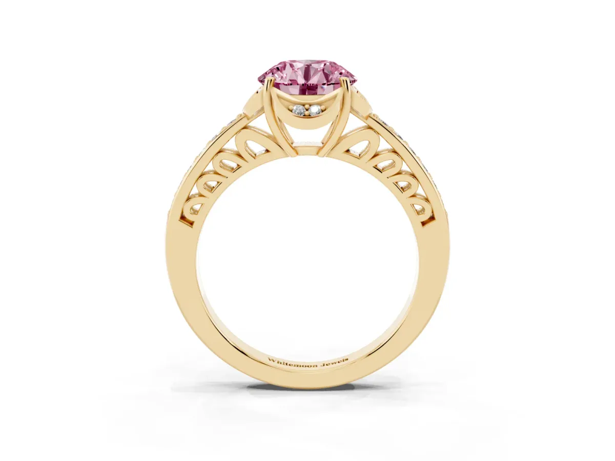 Fancy Pink Round Cut Cut Halo Diamond Ring with Channel Set Band and Four-Prong Setting Yellow gold