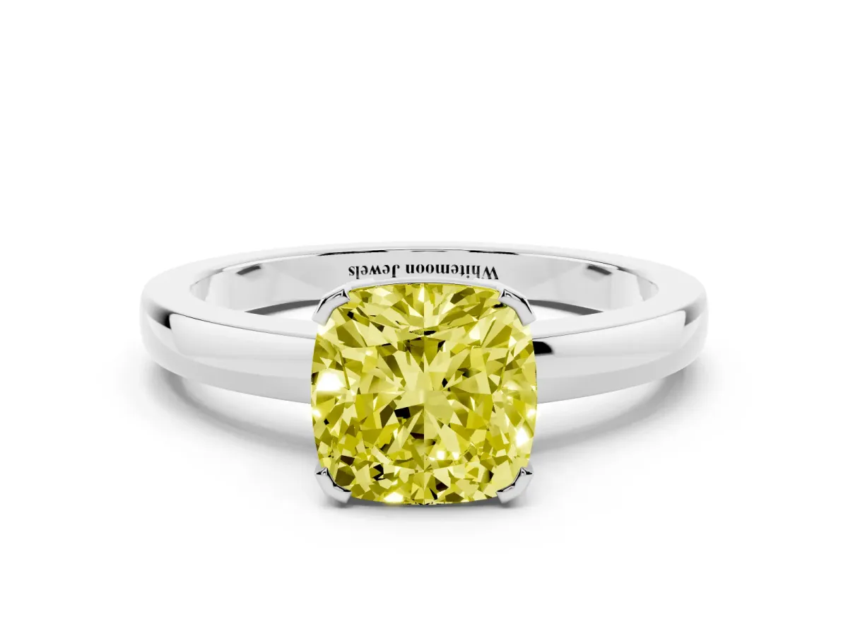 Fancy Yellow Cushion Cut Cut Solitaire Ring with Four-Prong Setting and Classic Band Silver