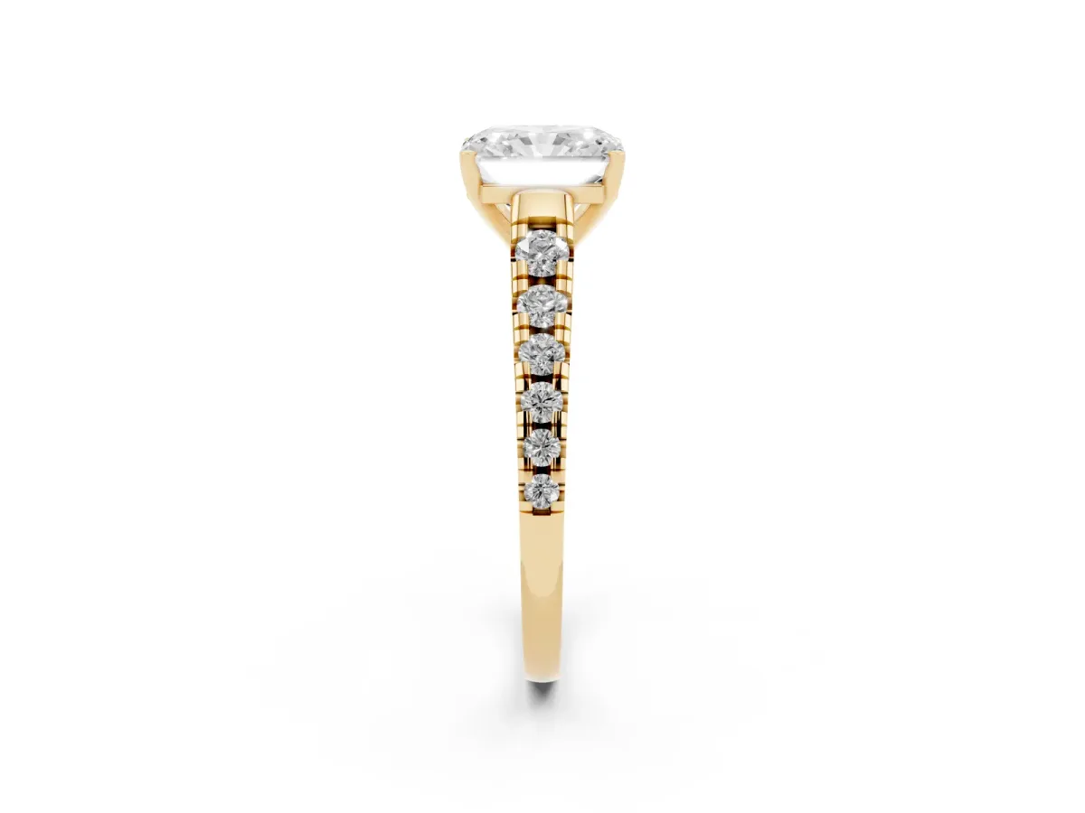Radiant Cut Diamond Cathedral Solitaire Ring with Round Pavé Band Yellow gold