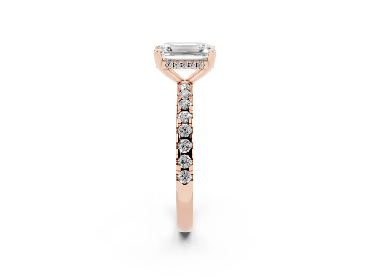 Emerald Cut Diamond Solitaire Ring with Round Pavé Band and Four-Prong Setting Rose gold