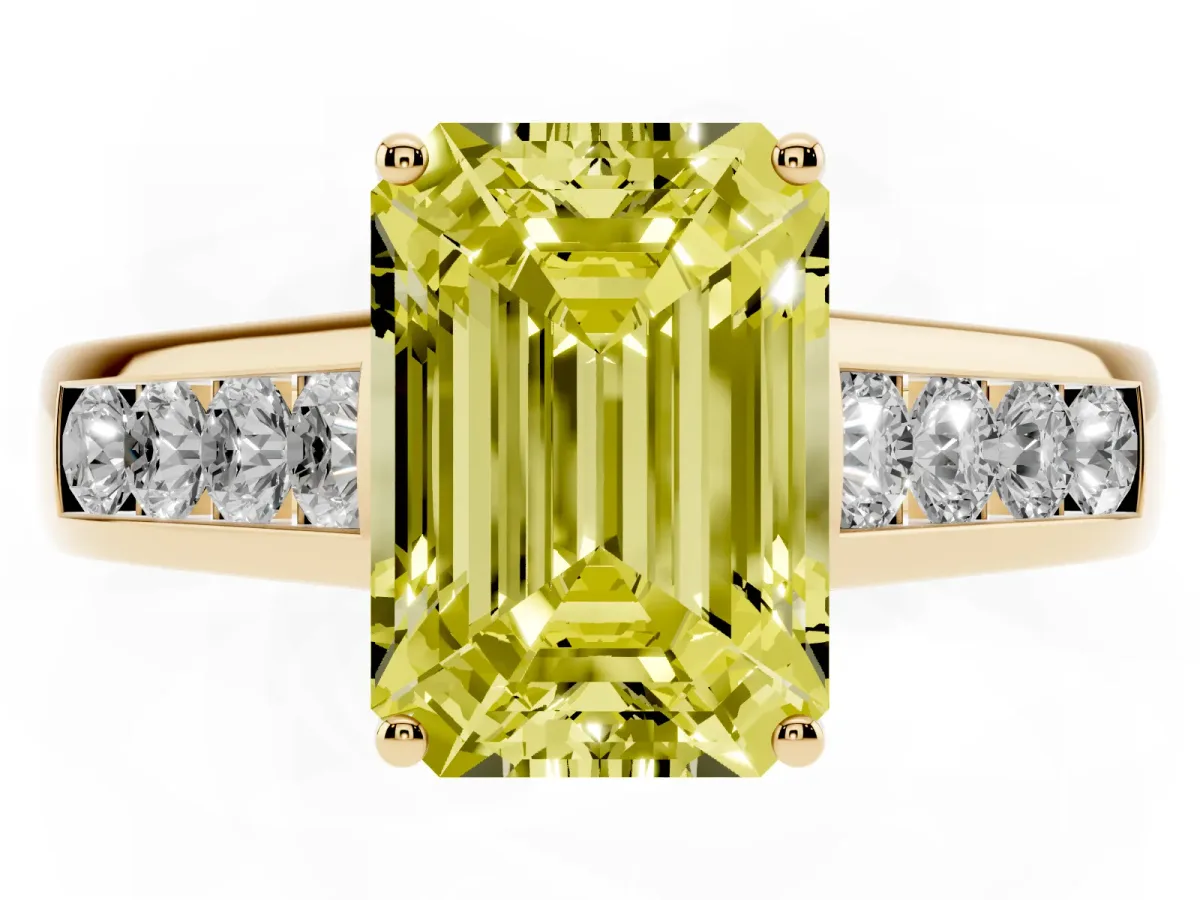 Fancy Yellow Emerald Cut Solitaire Channel-Set Diamond Engagement Ring with Four-Prong Setting Yellow gold