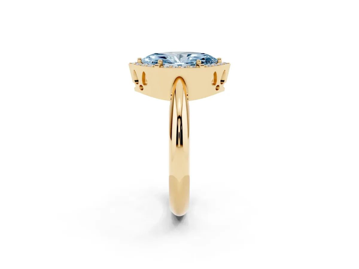 Fancy Blue Marquise Cut Cut Diamond Halo Engagement Ring with Split Shank and Four-Prong Setting Yellow gold