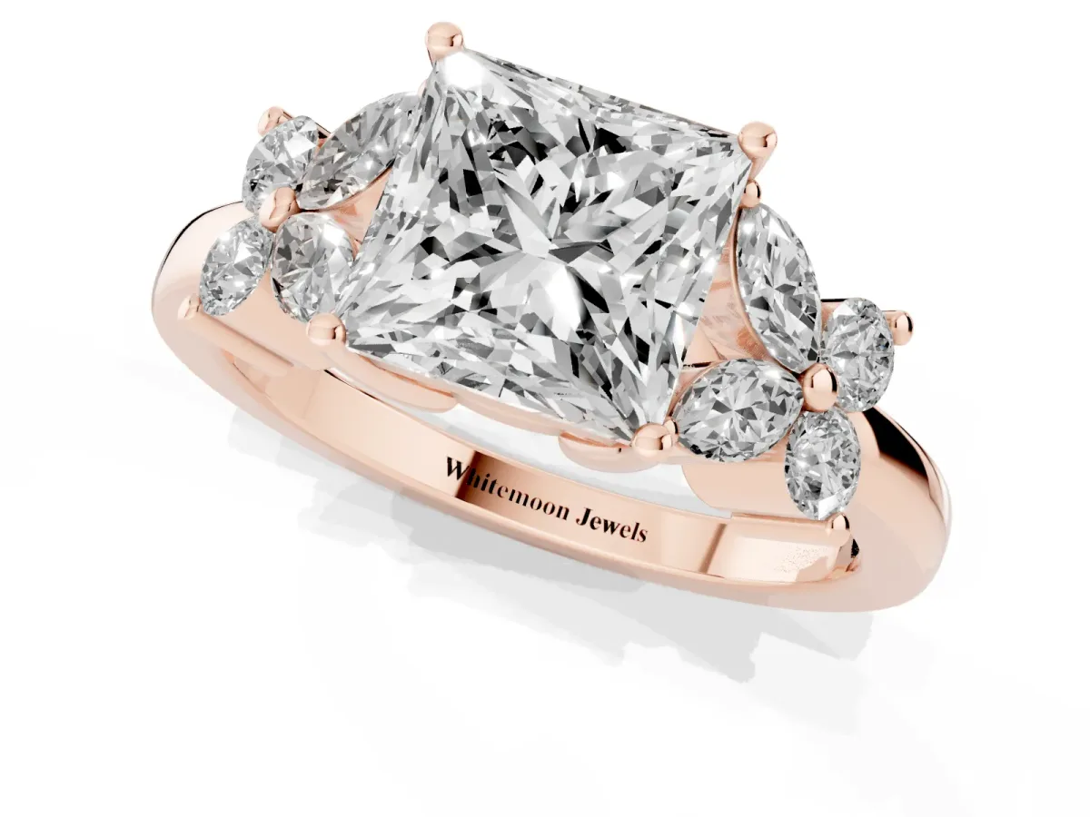 Princess Cut Diamond Floral Cluster Ring with Solitaire Band and Prong Setting Rose gold
