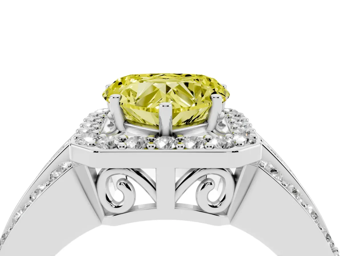Fancy Yellow Heart Cut Halo Diamond Ring with Round Split Shank and Prong Setting Silver