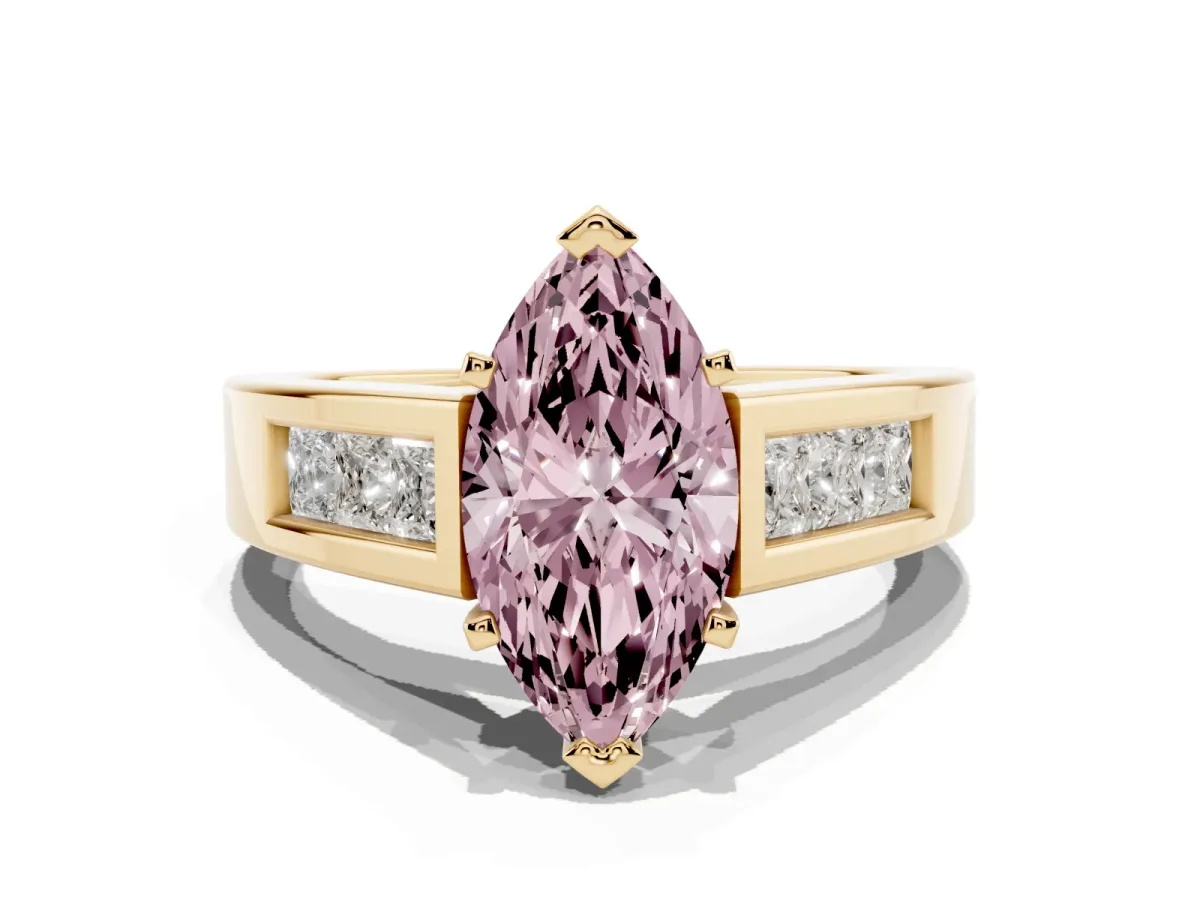 Fancy Pink Marquise Cut Cut Channel Set Solitaire Ring with Four-Prong Setting Yellow gold