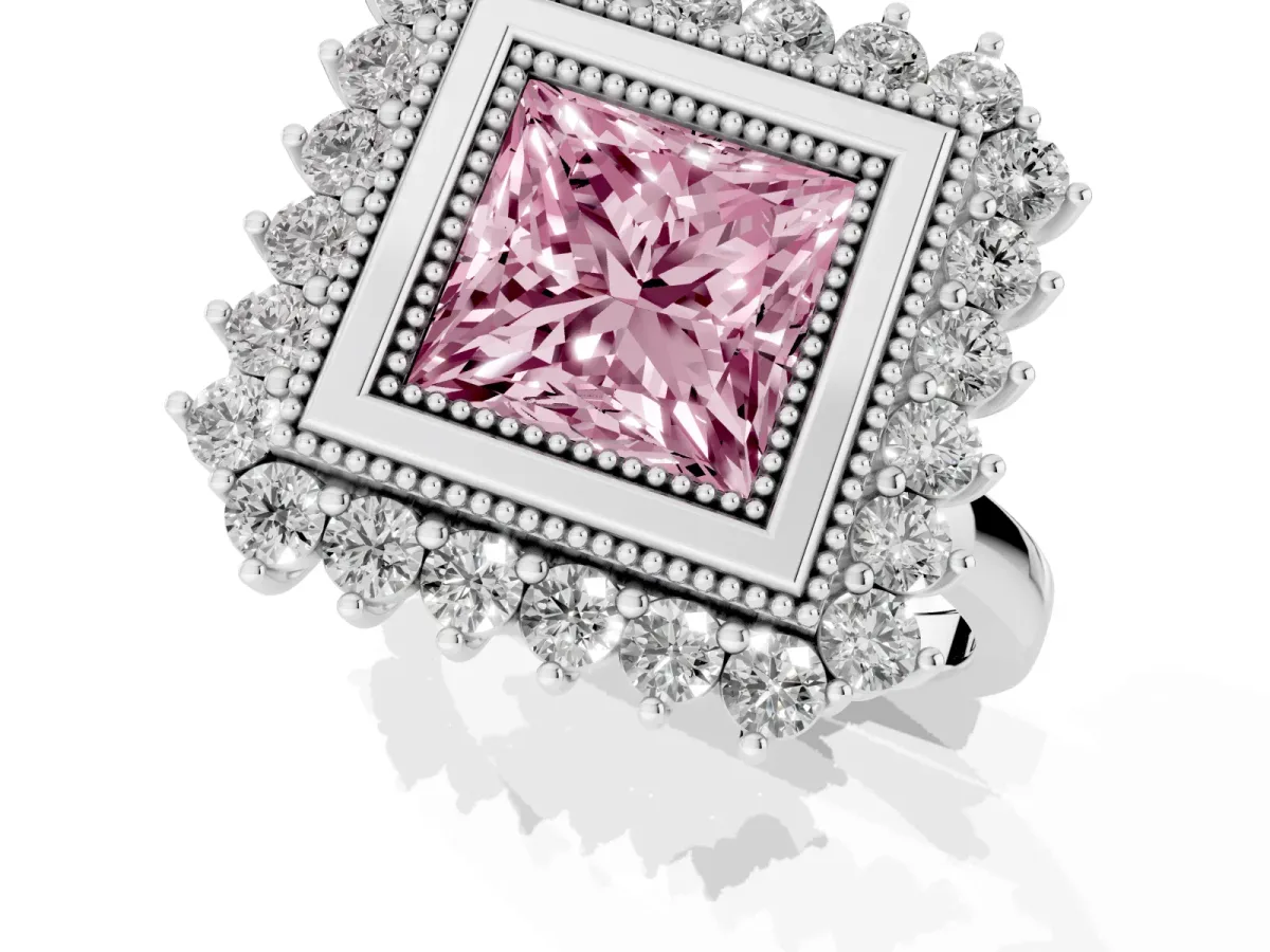Fancy Pink Princess Cut Halo Diamond Ring with Milgrain Edge and Round Prong Setting Silver