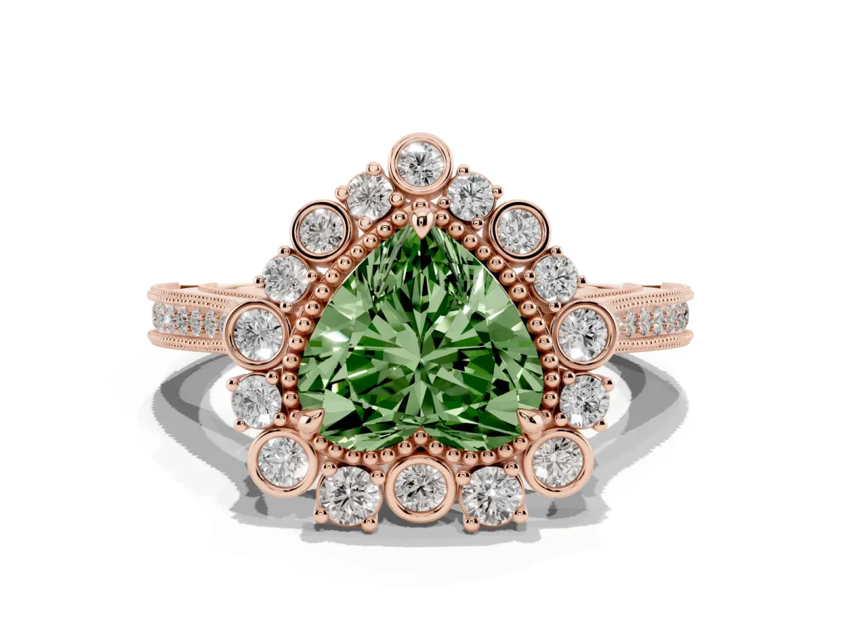 Fancy Green Heart Cut Halo Milgrain Pave Diamond Ring with Four-Prong Setting Rose gold