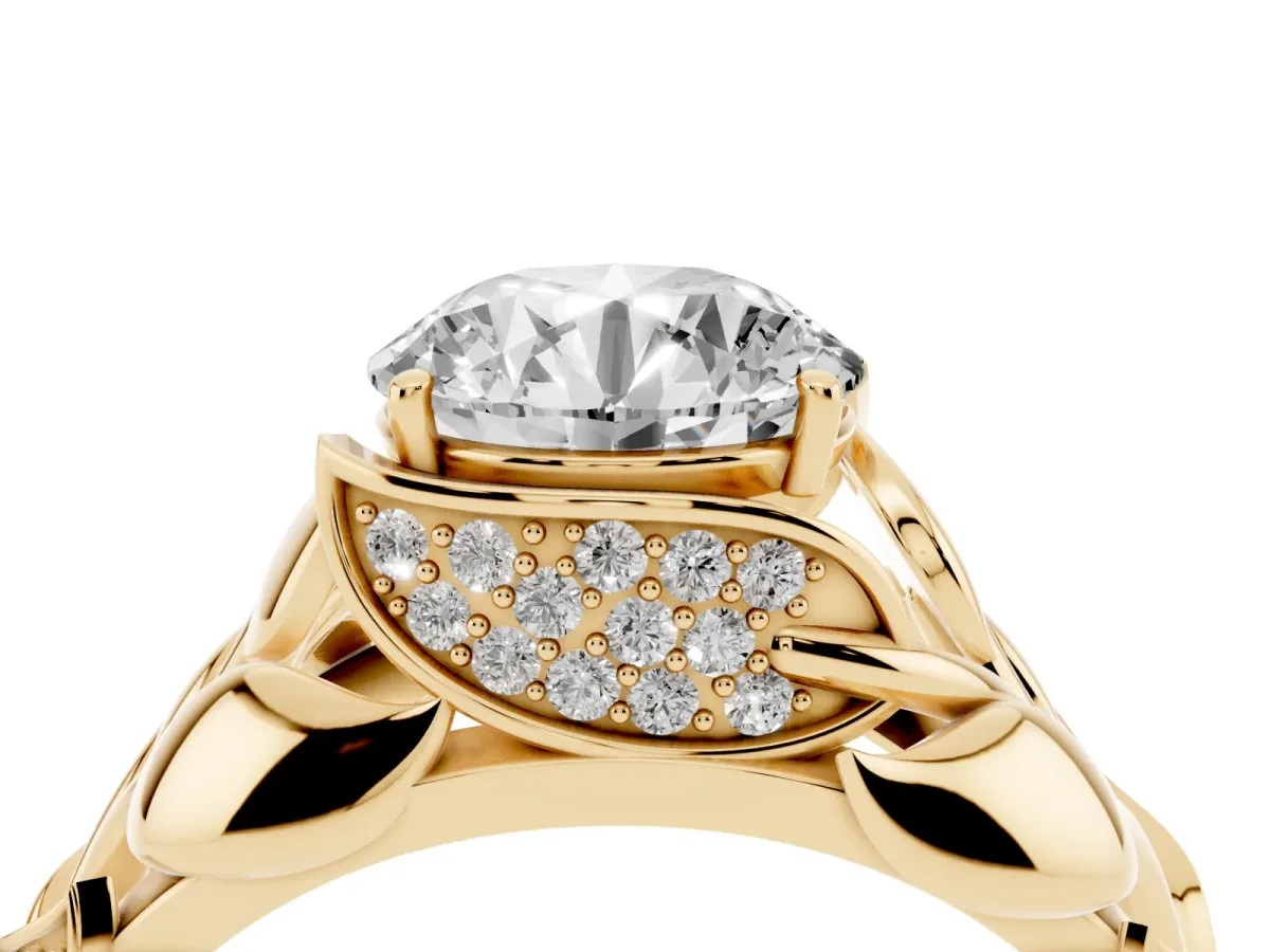 Round Cut Diamond Leaf-Inspired Engagement Ring with Round Accents and Prong Setting Yellow gold