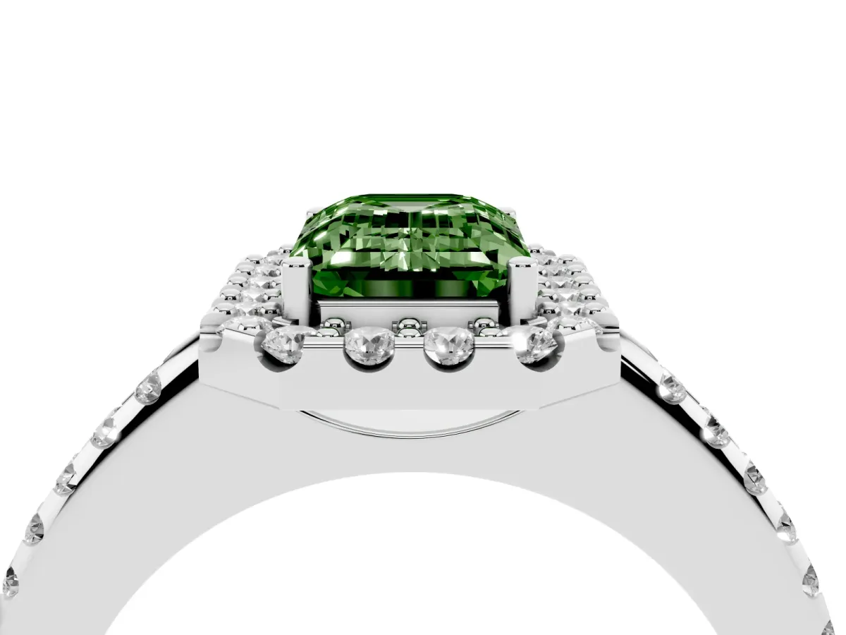 Fancy Green Emerald Cut Diamond Pavé Halo Ring with Four-Prong Setting Silver