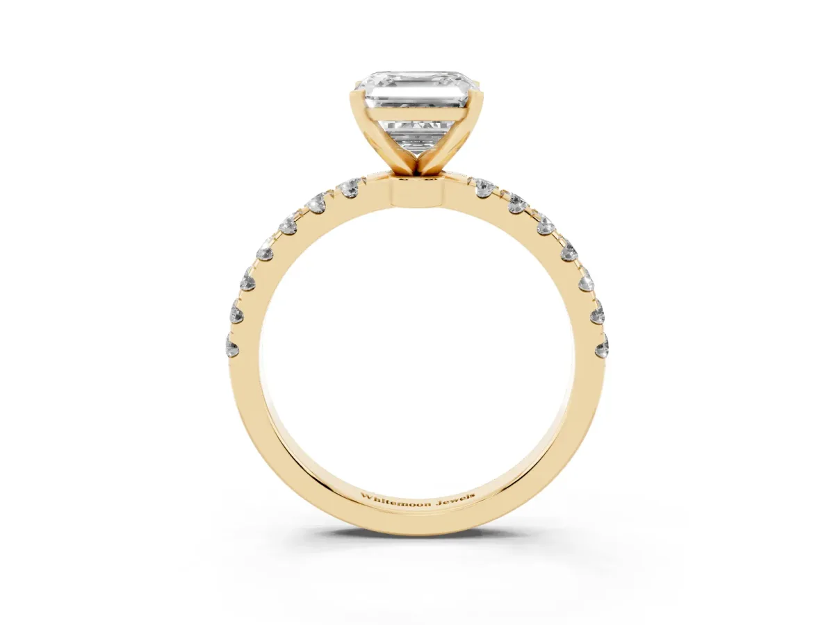 Asscher Cut Diamond Solitaire Ring with Pavé Accents and Four-Prong Setting Yellow gold