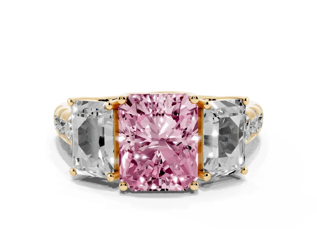 Fancy Pink Three-Stone Radiant Cut Diamond Pavé Band with Prong Setting Yellow gold