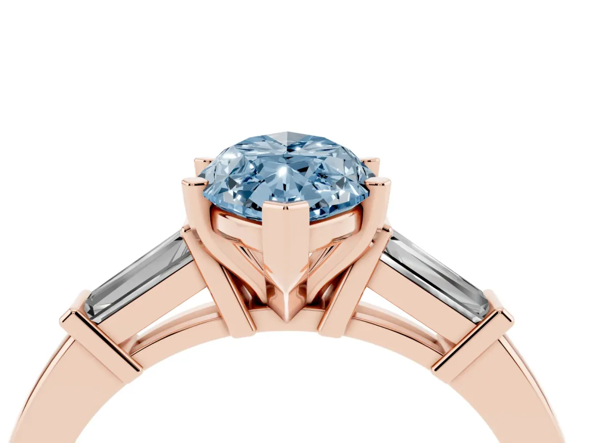 Fancy Blue Marquise Cut Cut Diamond Solitaire Ring with Tapered Baguette Accents and Four-Prong Setting Rose gold