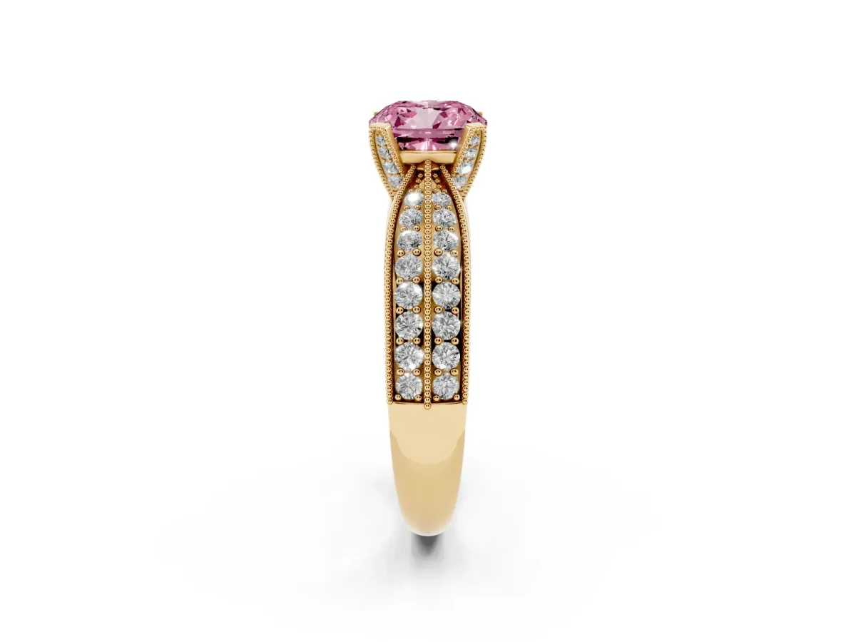Fancy Pink Cushion Cut Diamond Solitaire Ring with Milgrain Round Pavé Band and Prong Setting Yellow gold