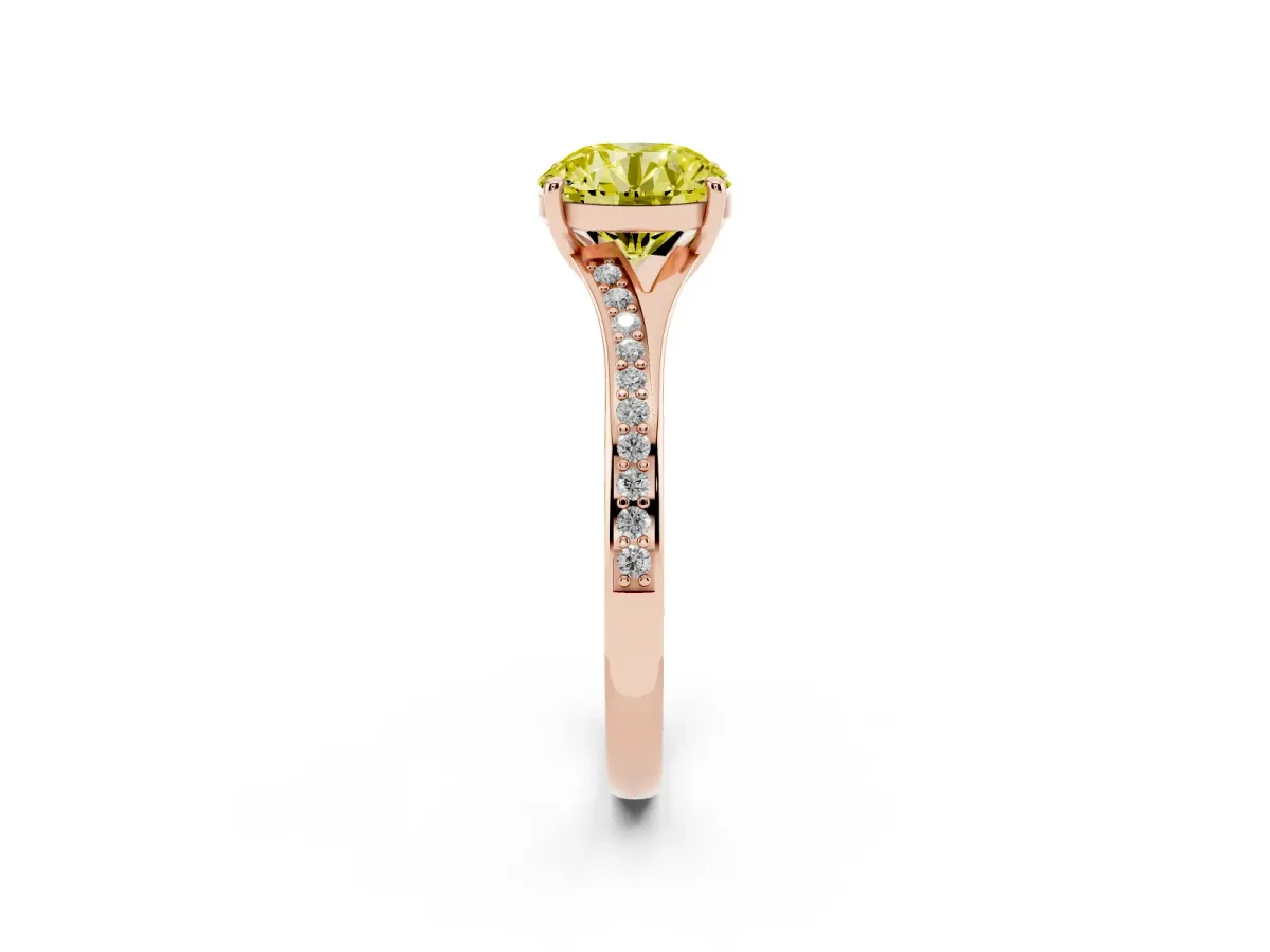 Fancy Yellow Round Cut Diamond Solitaire Ring with Pavé Band and Prong Setting Rose gold