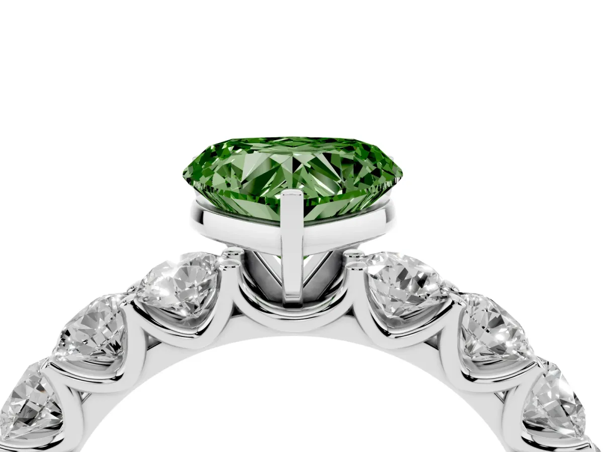 Fancy Green Heart Cut Diamond Prong Setting with Side Stones on a Pave Band White gold