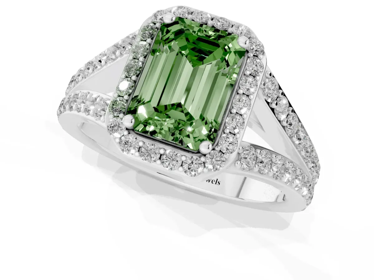 Fancy Green Emerald Cut Diamond Split Shank Halo Ring with Four-Prong Setting Platinum