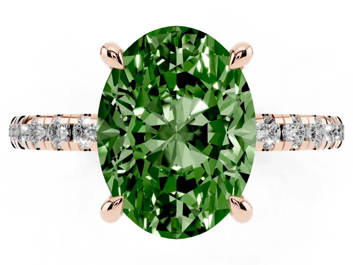 Fancy Green Oval Cut Diamond Brilliant Solitaire Ring with Pavé Band and Four-Prong Setting Rose gold