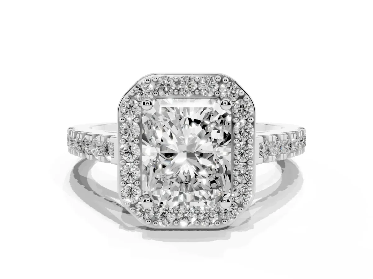 Radiant Cut Diamond Halo Ring with Round Pavé Split Shank and Prong Setting Silver