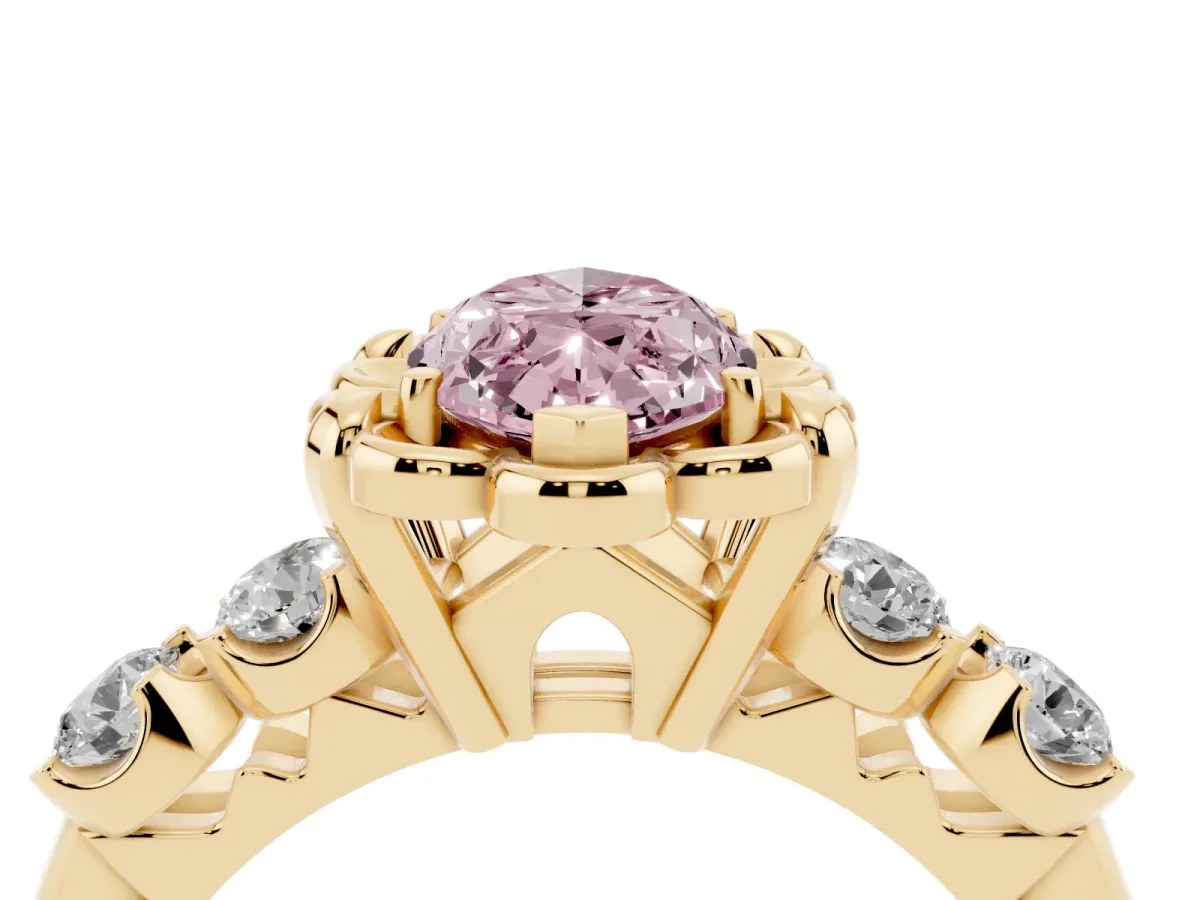 Fancy Pink Marquise Cut Cut Diamond Floral Halo Engagement Ring with Shared Prong Setting Yellow gold