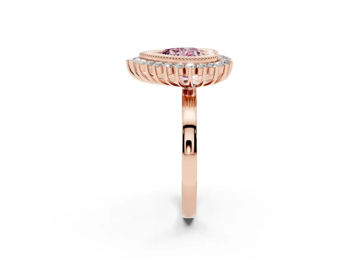 Fancy Pink Heart Cut Halo Diamond Ring with Milgrain Edge and Round Prong Setting Rose gold
