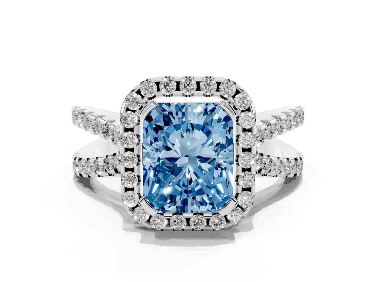 Fancy Blue Radiant Cut Diamond Halo Ring with Split Shank Pavé Band and Prong Setting Platinum